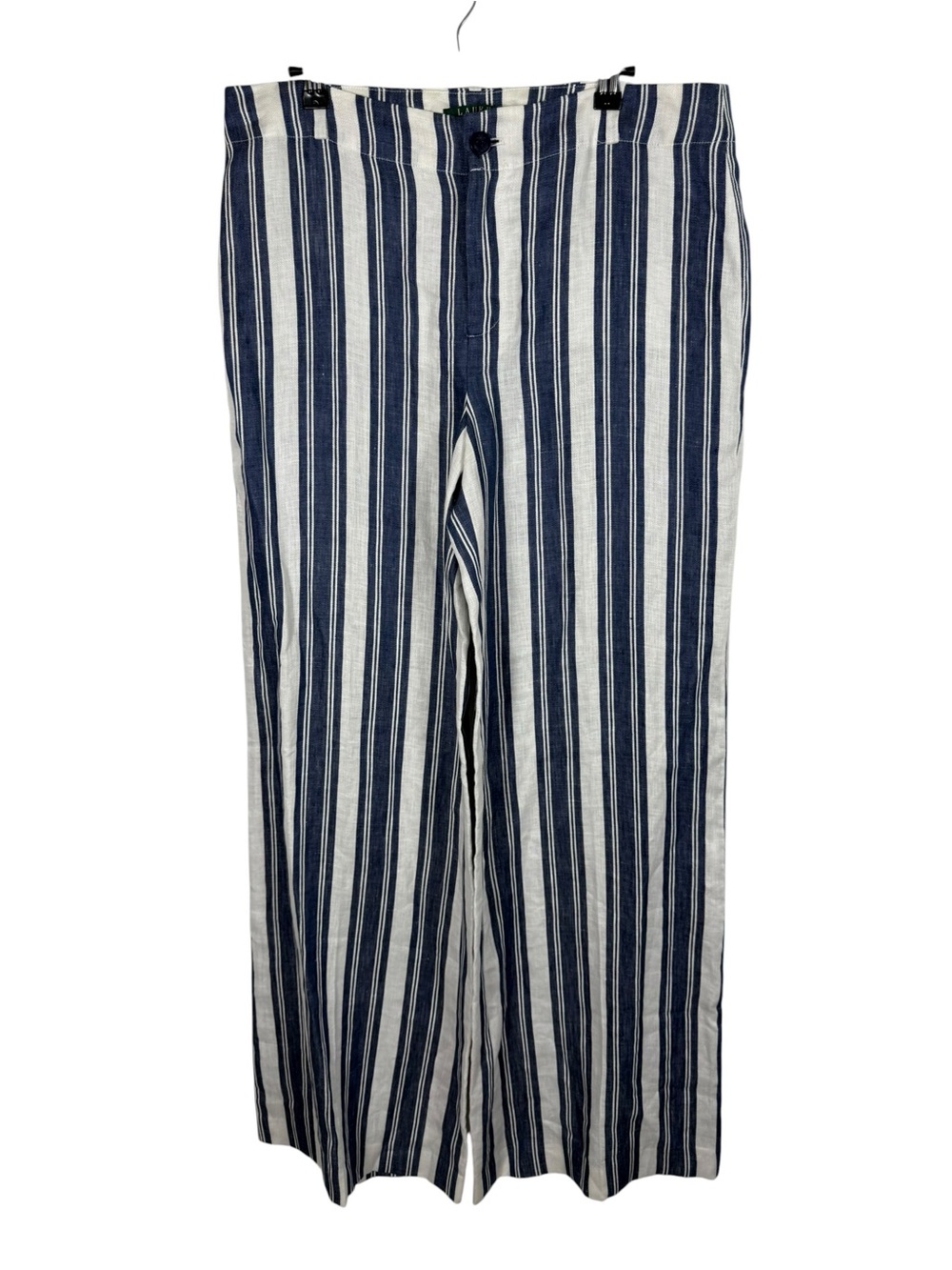 Lauren Ralph Lauren 100% Linen Blue White Stripe Wide Leg Pants Coastal Grandma - Picture 2 of 6